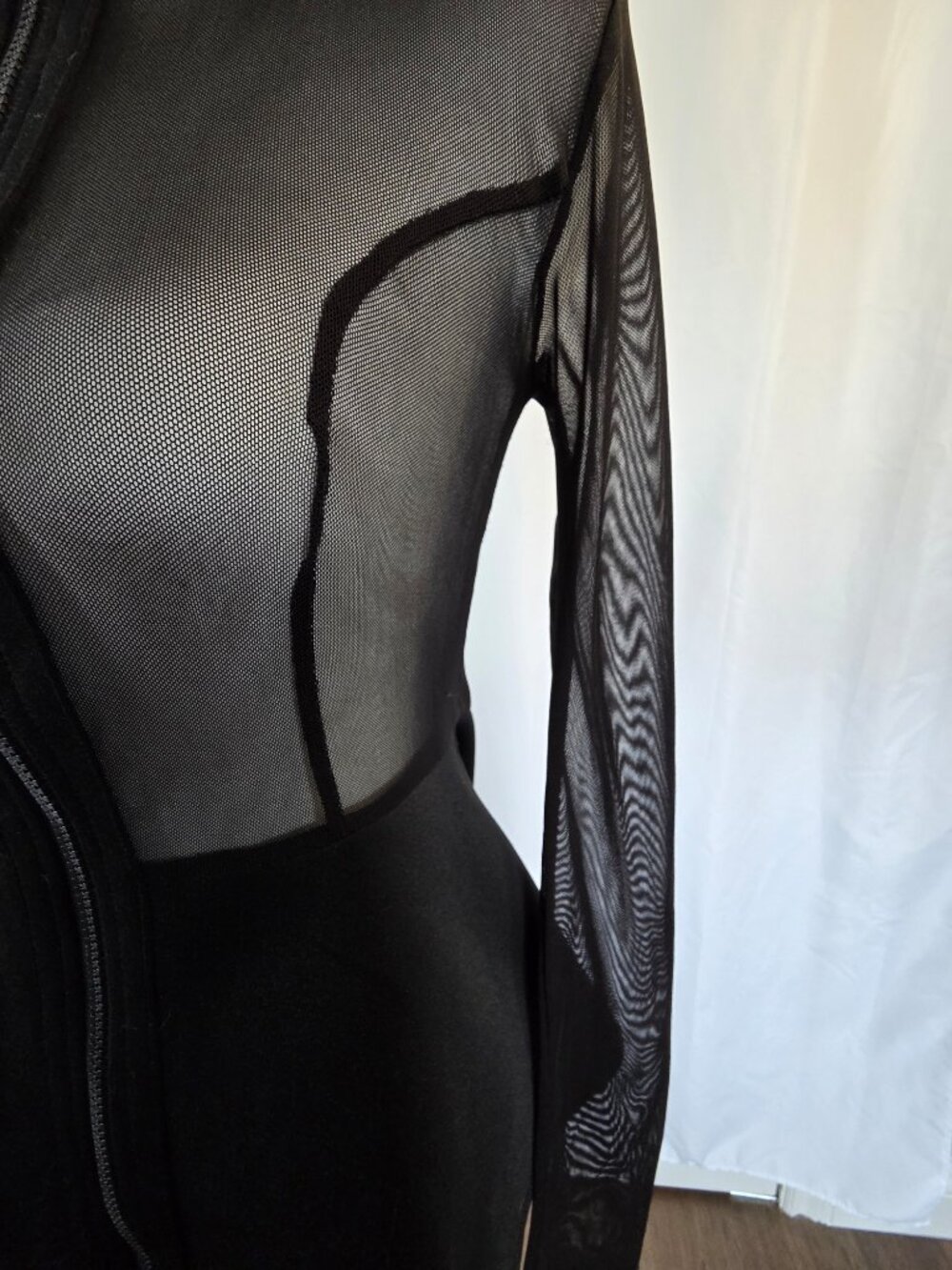 Revamped Size Small Black Mesh Zip Front Sheer Long Sleeves Flared Peplum Waist - Picture 4 of 9